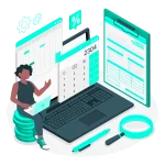 Une femme expert comptable entourée de plein d'outils de comptabilité.