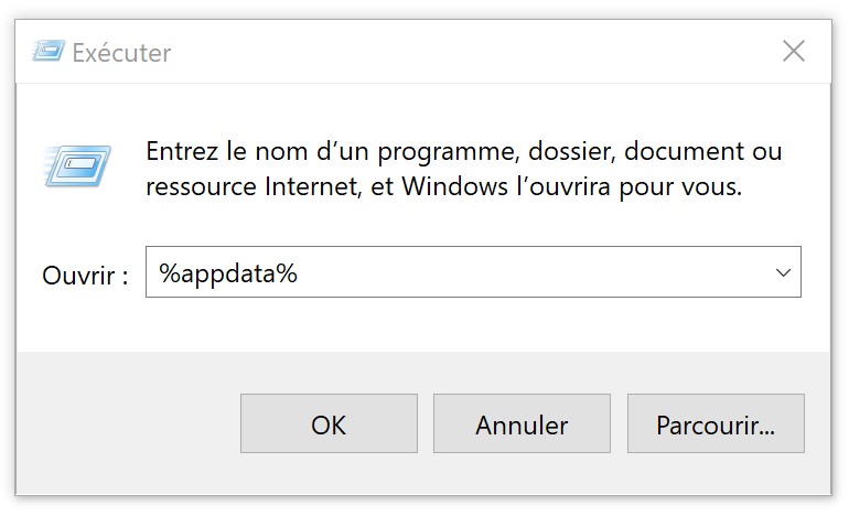 Dans le menu démarrer de votre ordinateur, tapez executer. Dans la zone de recherche, inscrivez %appdata%, puis cliquez sur OK. (comme indiqué dans la capture).