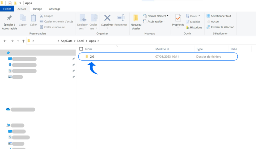 3. Placez-vous dans le dossier AppData/Local/Apps. Puis supprimez le dossier intitulé 2.0.