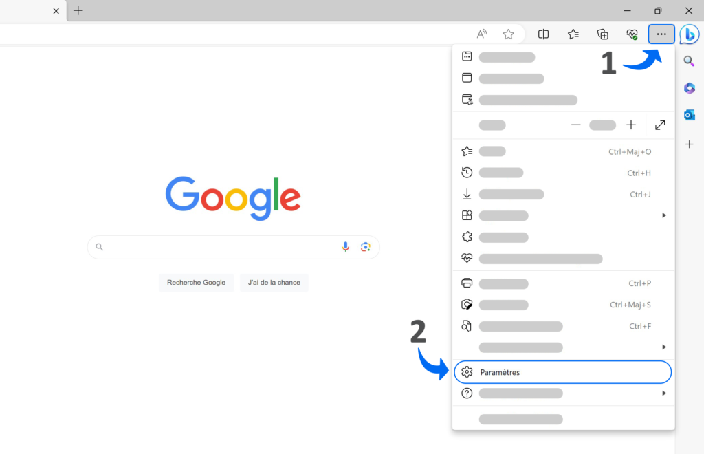 Pour accéder aux paramètres de Microsoft Edge : Vous devez cliquer sur les trois points situés en haut à droite de votre écran, Puis cliquez sur paramètres.