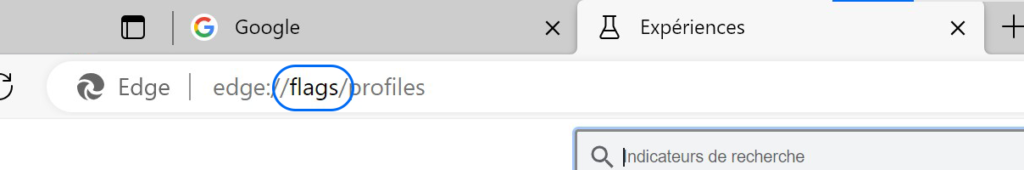 Dans la barre de recherche tapez ou collez l’URL : edge://flags/profiles à la place de edge://settings/profiles.