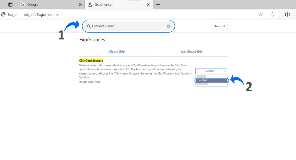 Sur cette nouvelle page : Inscrivez ClickOnce Support dans la barre de recherche, Puis dans l’onglet ClickOnce Support sélectionnez le paramètre Enabled. Enfin cliquez sur Redémarrer en bas à droite pour que Microsoft Edge assimile ce changement de paramétrage.
